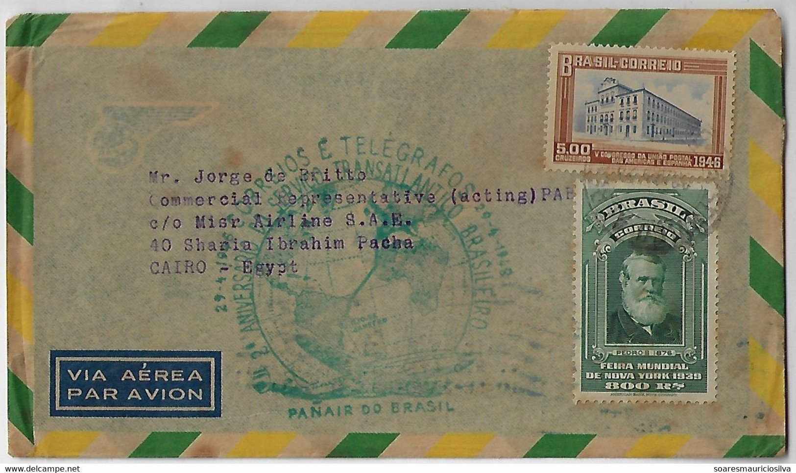 Brazil 1948 Cover Rio De Janeiro To Cairo Egypt Cancel 2º Year Brazilian Transatlantic Service By Panair Airplane Map - Airmail (Private Companies)