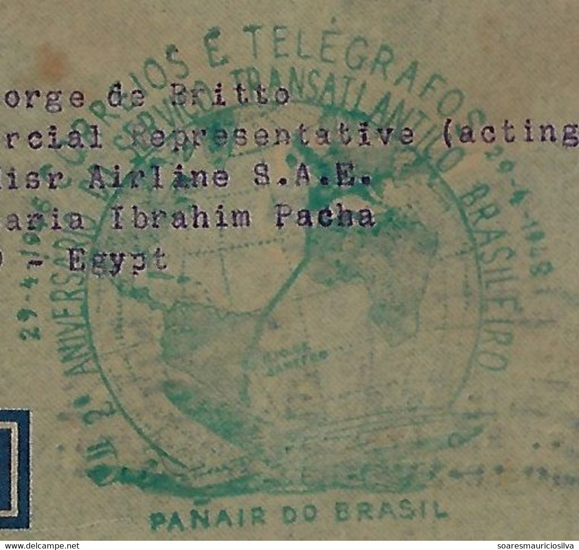 Brazil 1948 Cover Rio De Janeiro To Cairo Egypt Cancel 2º Year Brazilian Transatlantic Service By Panair Airplane Map - Poste Aérienne (Compagnies Privées)