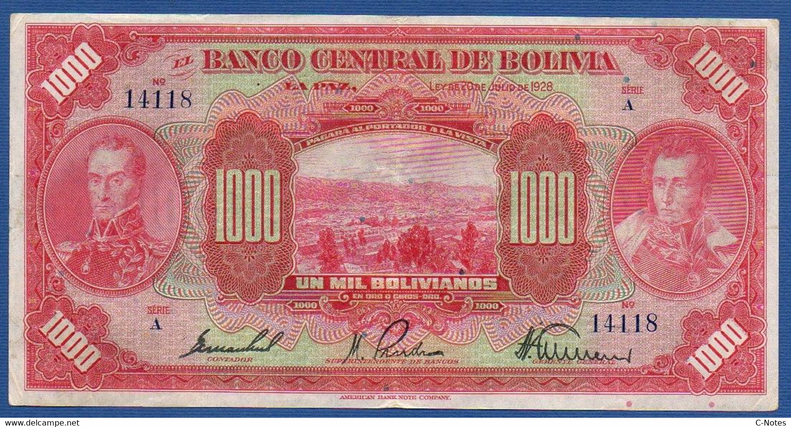 BOLIVIA - P.127b – 1000 Bolivianos L.1928 VF+, Serie A 14188 - Bolivie