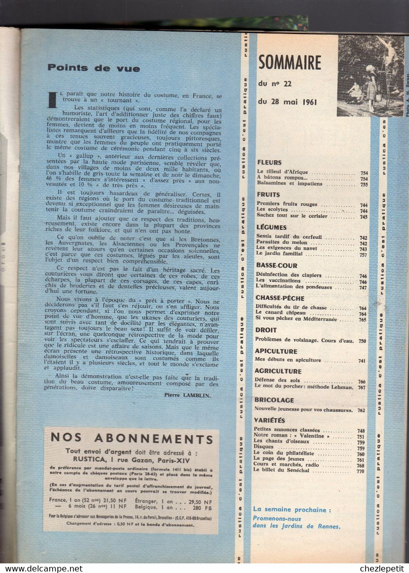 RUSTICA N°22 1961 Apiculture Navet Melon Cerisier Poules Pondeuses Pêche Porc - Jardinería