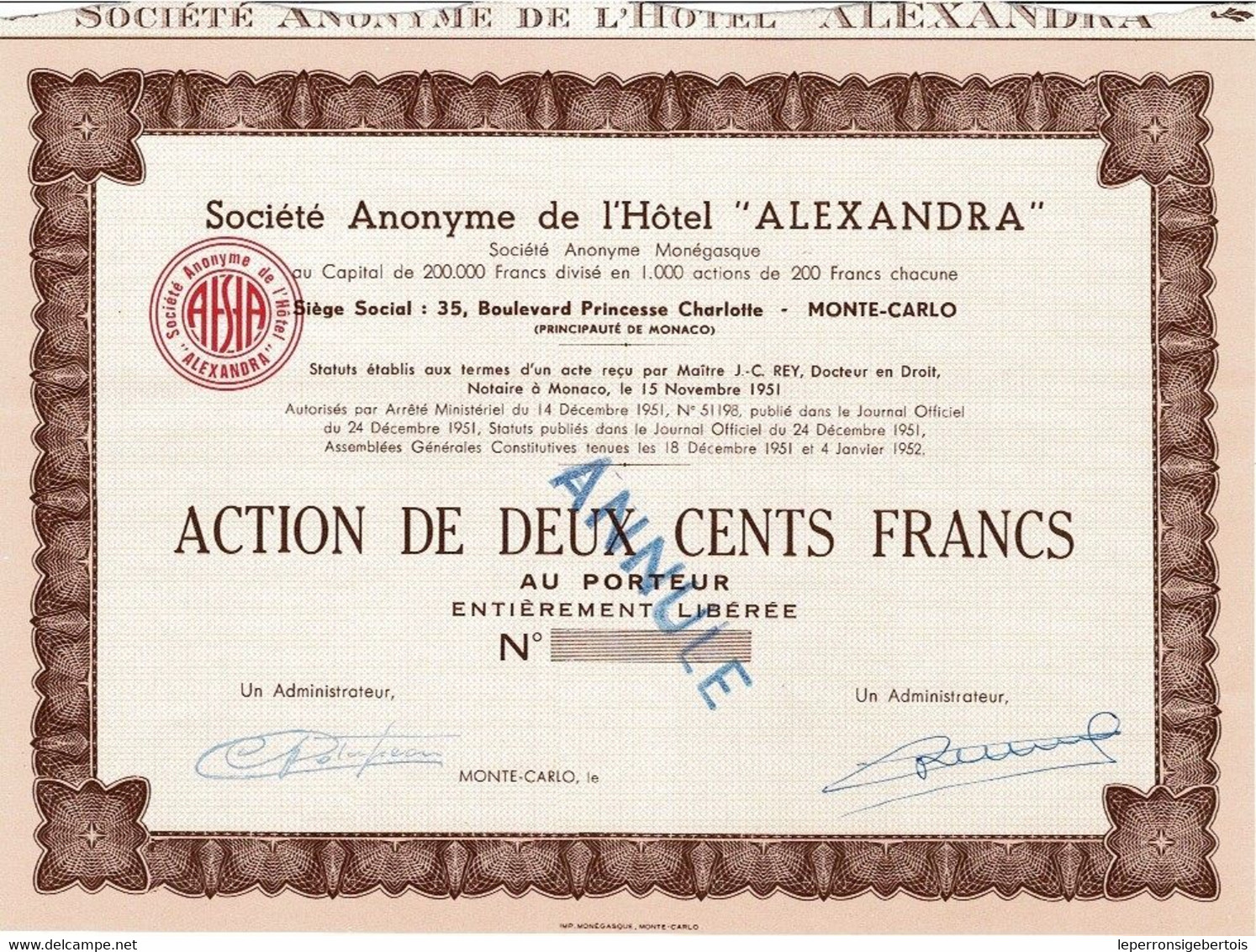 - Titre De 1951 - Société Anonyme De L'Hôtel Alexandra - A Monte-Carlo - Société Anonyme Monégasque - - Tourismus