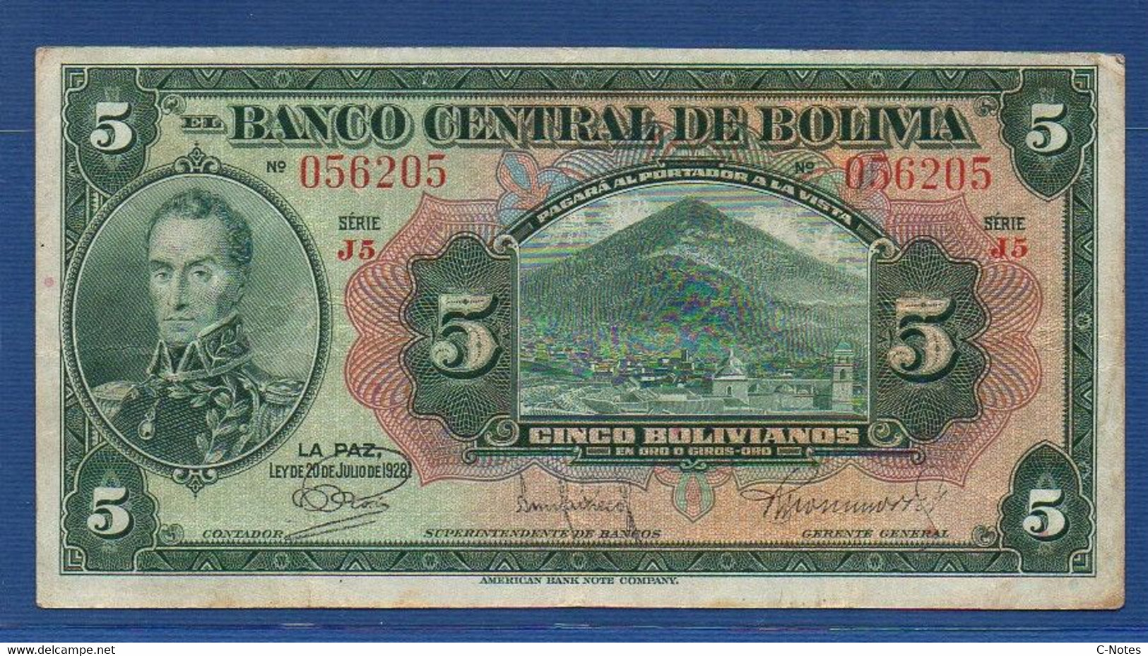 BOLIVIA - P.120a4 – 5 Bolivianos L.1928 AVF, Serie J5 056205 - Bolivie