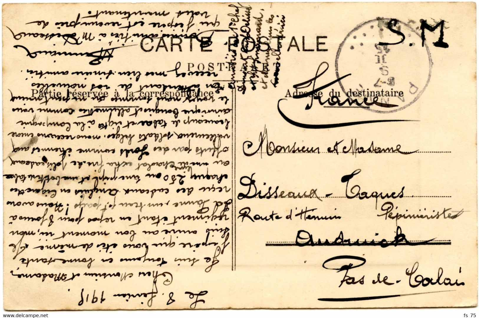 BELGIQUE - SIMPLE CERCLE PANNE SUR CARTE POSTALE EN FRANCHISE, 1915 - Niet-bezet Gebied