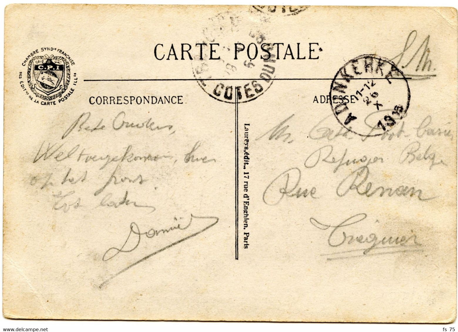 BELGIQUE - SIMPLE CERCLE ADINKERKE SUR CARTE POSTALE EN FRANCHISE, 1915 - Not Occupied Zone