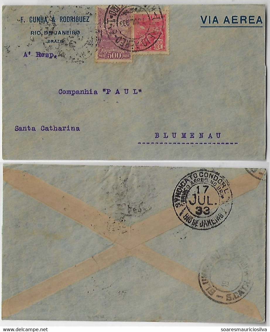 Brazil 1933 F. Cunha & Rodriguez Cover From Rio De Janeiro To Blumenau Condor Syndicate Stamp 200 Réis Airmail 500 Réis - Aéreo (empresas Privadas)