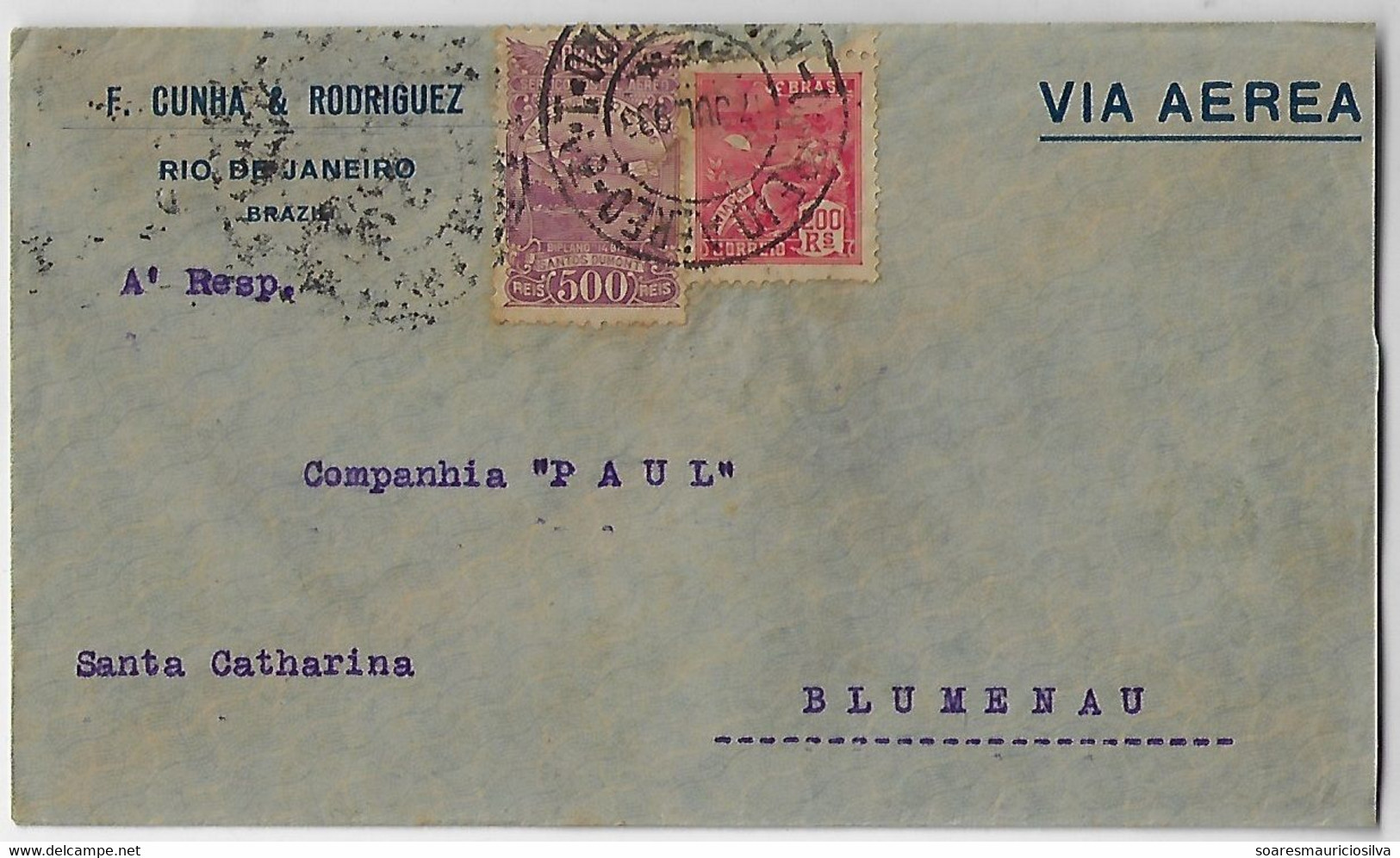 Brazil 1933 F. Cunha & Rodriguez Cover From Rio De Janeiro To Blumenau Condor Syndicate Stamp 200 Réis Airmail 500 Réis - Poste Aérienne (Compagnies Privées)