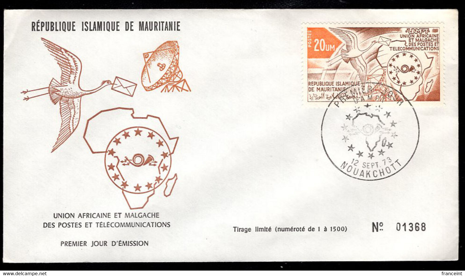 MAURITANIA(1973) Bird Delivering Letter. Satellite Dish. Map Of Africa. Unaddressed FDC. Scott No 304, Yvert No 309 - Mauritanie (1960-...)