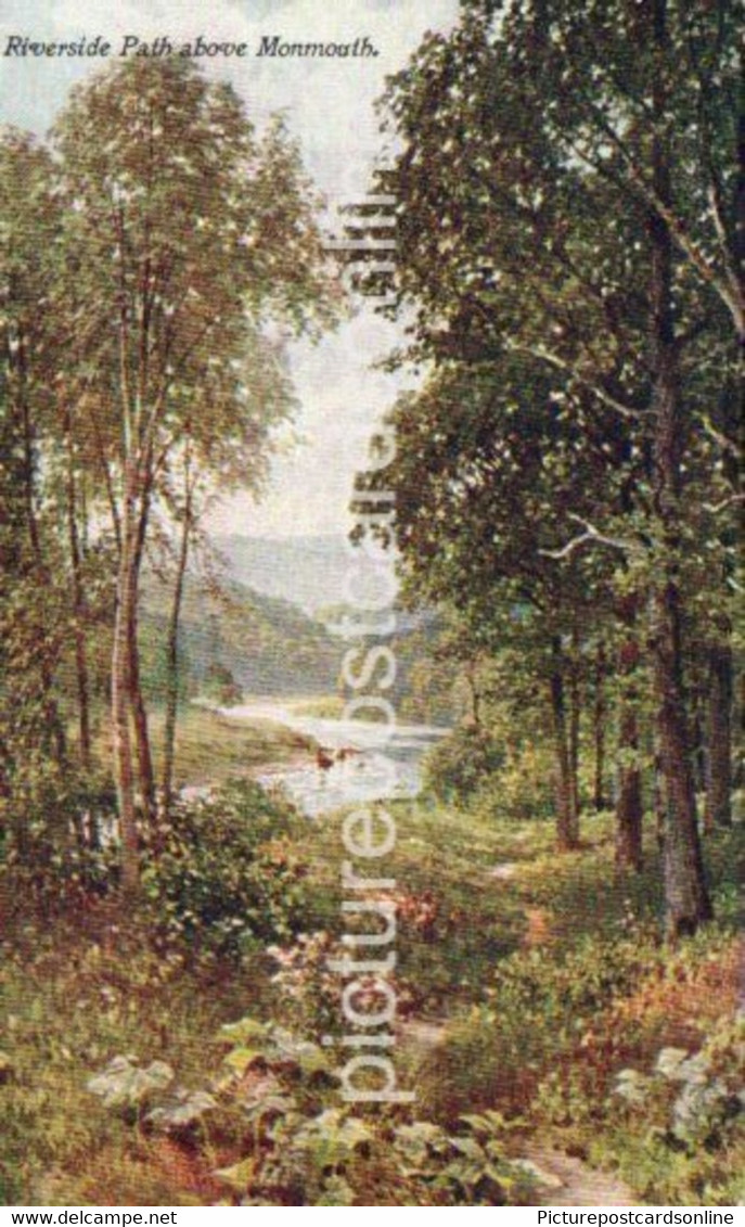 MONMOUTH RIVERSIDE PATH OLD COLOUR POSTCARD WALES - Monmouthshire
