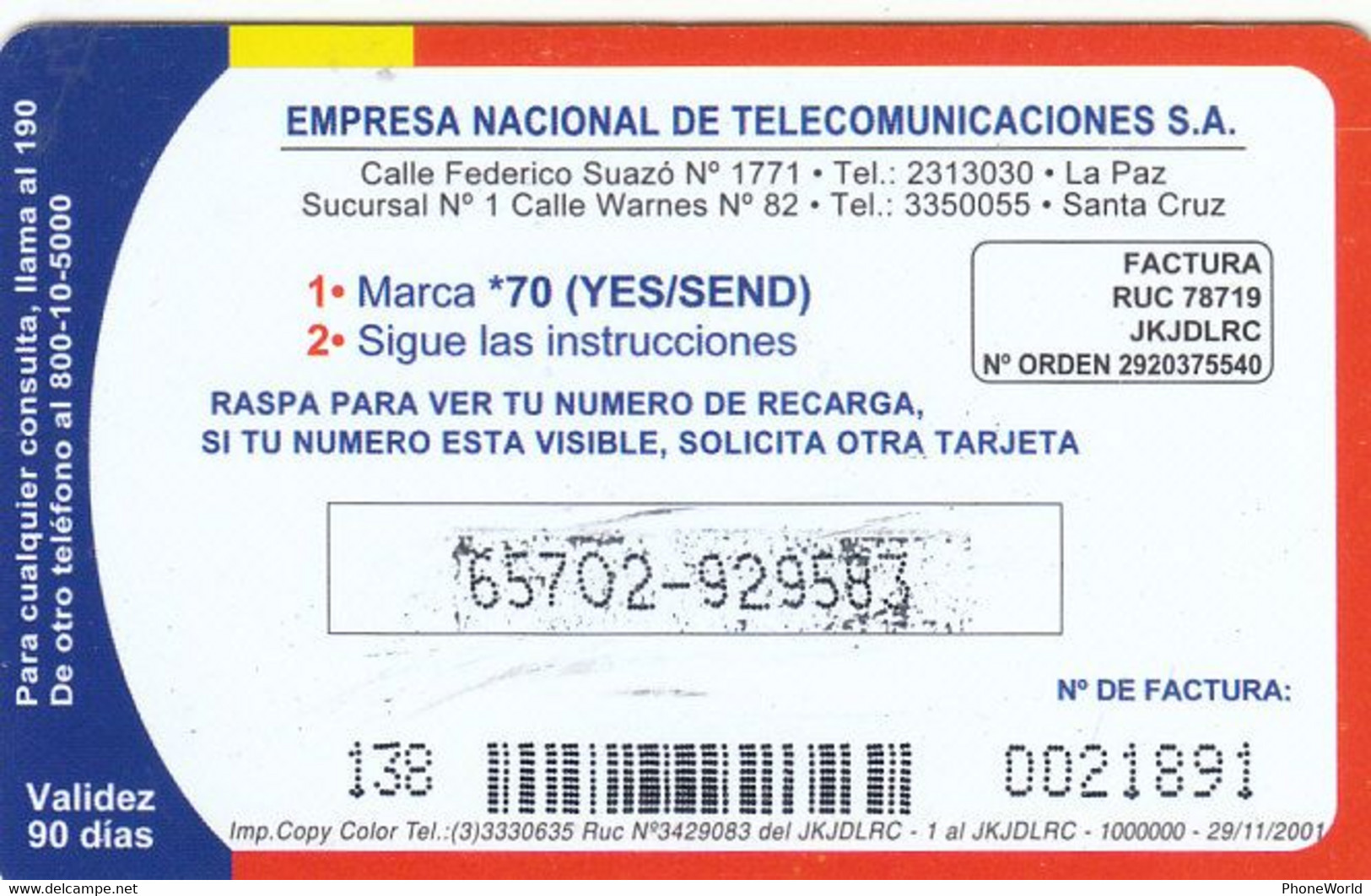 Bolivia, Hola Movil  Bs50+10 2001 Navidad, Christmas, Santa - Bolivie