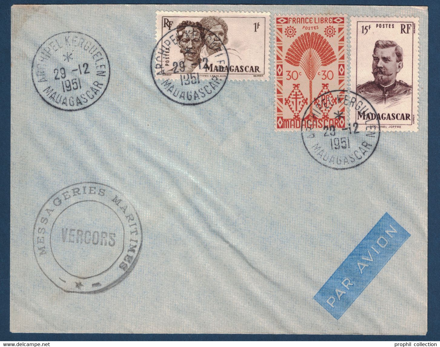 CACHET " ARCHIPEL KERGUELEN MADAGASCAR " Du 29.12.1951 + " MESSAGERIES MARITIMES VERCORS " Sur LETTRE ENVELOPPE - ...-1955 Voorfilatelie