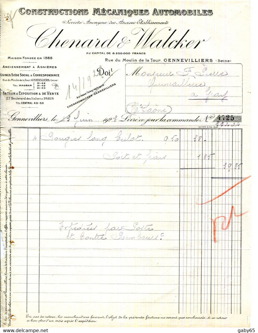 FACTURE.GENNEVILLIERS.CONSTRUCTIONS MECANIQUES AUTOMOBILES " CHENARD & WALCKER " RUE DU MOULIN DE LA TOUR. - Automobile