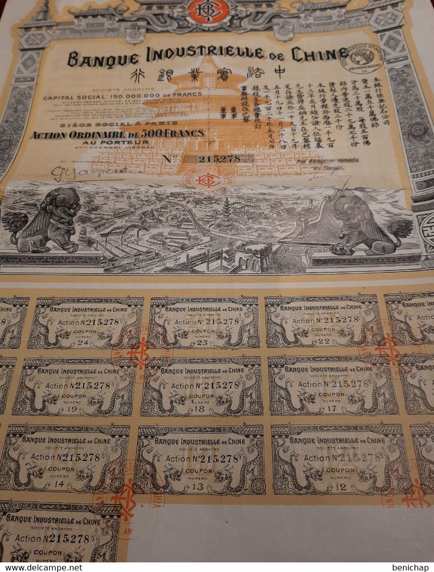 1920 - Banque Industrielle De Chine - China - Chinese - Action Ordinaire De 500 Frs. - Paris. - Asien