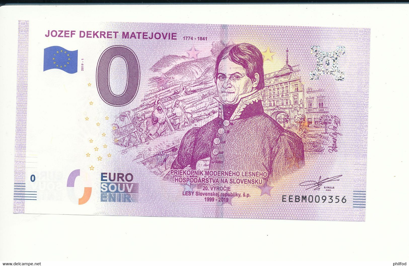 Billet Touristique 0 Euro - JOZEF DEKRET MATEJOVIE 1774 - 1841 - EEBM - 2019-1 - N° 9356 - Autres & Non Classés