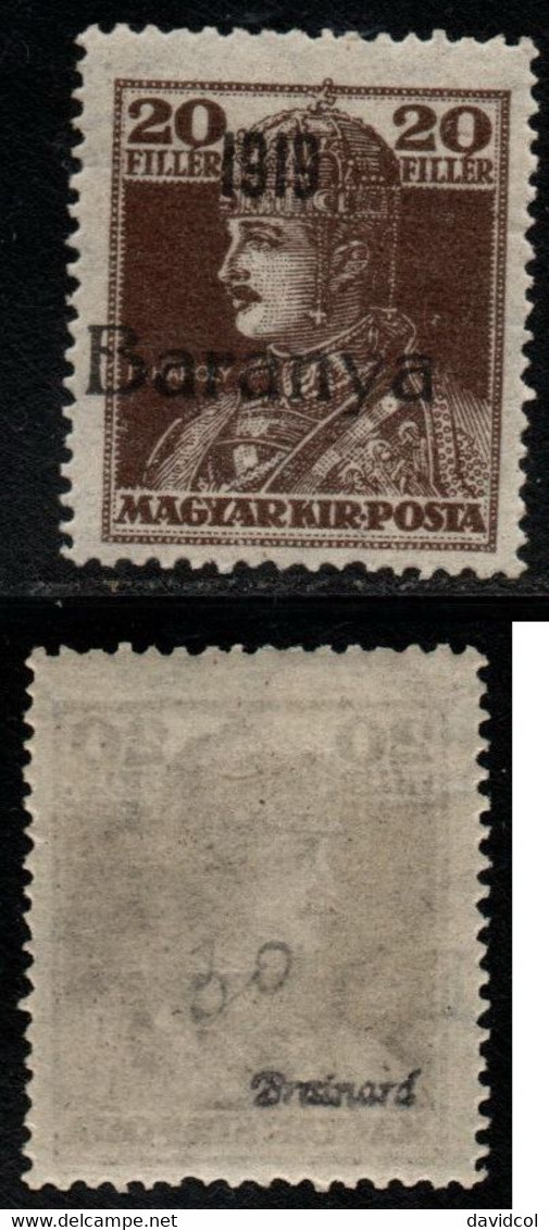 1586- HUNGARY 1919 - BARANYA  FIRST ISSUE -  SC#: 7N33 -  MH - EXPERTIZED ON BACK - OVERPRINTED - Baranya