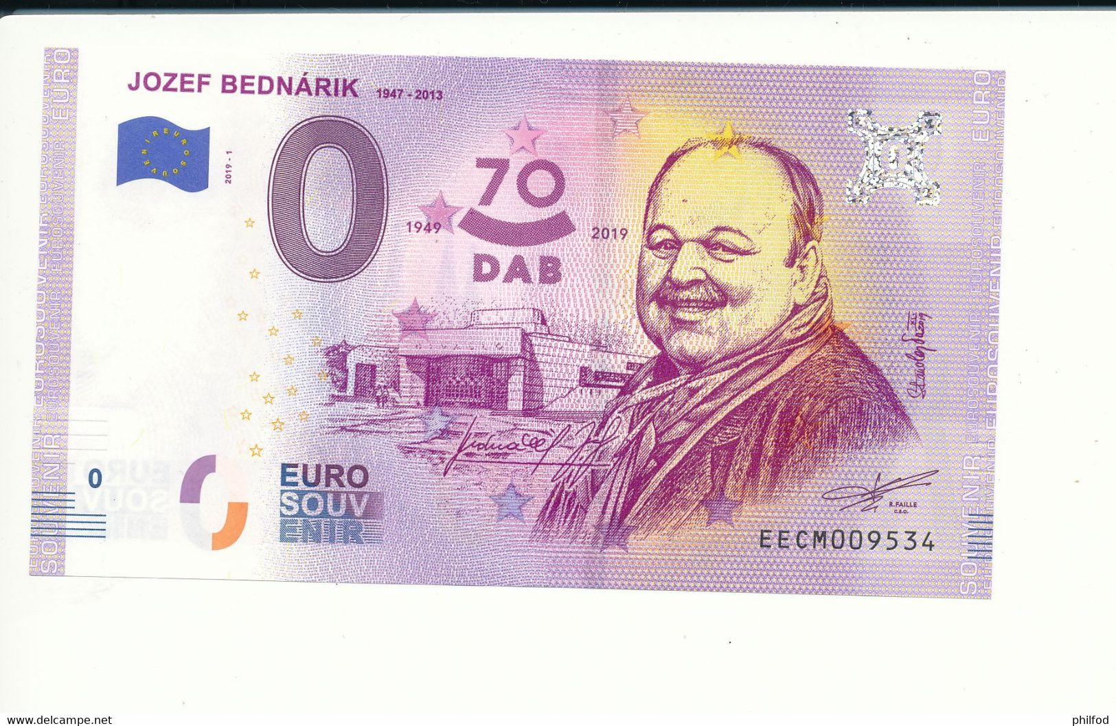 Billet Touristique 0 Euro - JOZEF BEDNÁRIK 1947 - 2013 - EECM - 2019-1 - N° 9534 - Autres & Non Classés