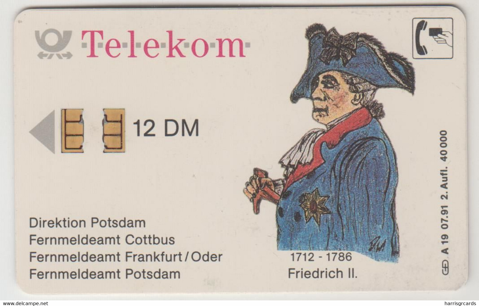GERMANY - Brandenburg - Friedrich II. (Sanssouci Potsdam) 2nd Edition, A 19/91c , 40.000 Tirage ,used - A + AD-Series : D. Telekom AG Advertisement