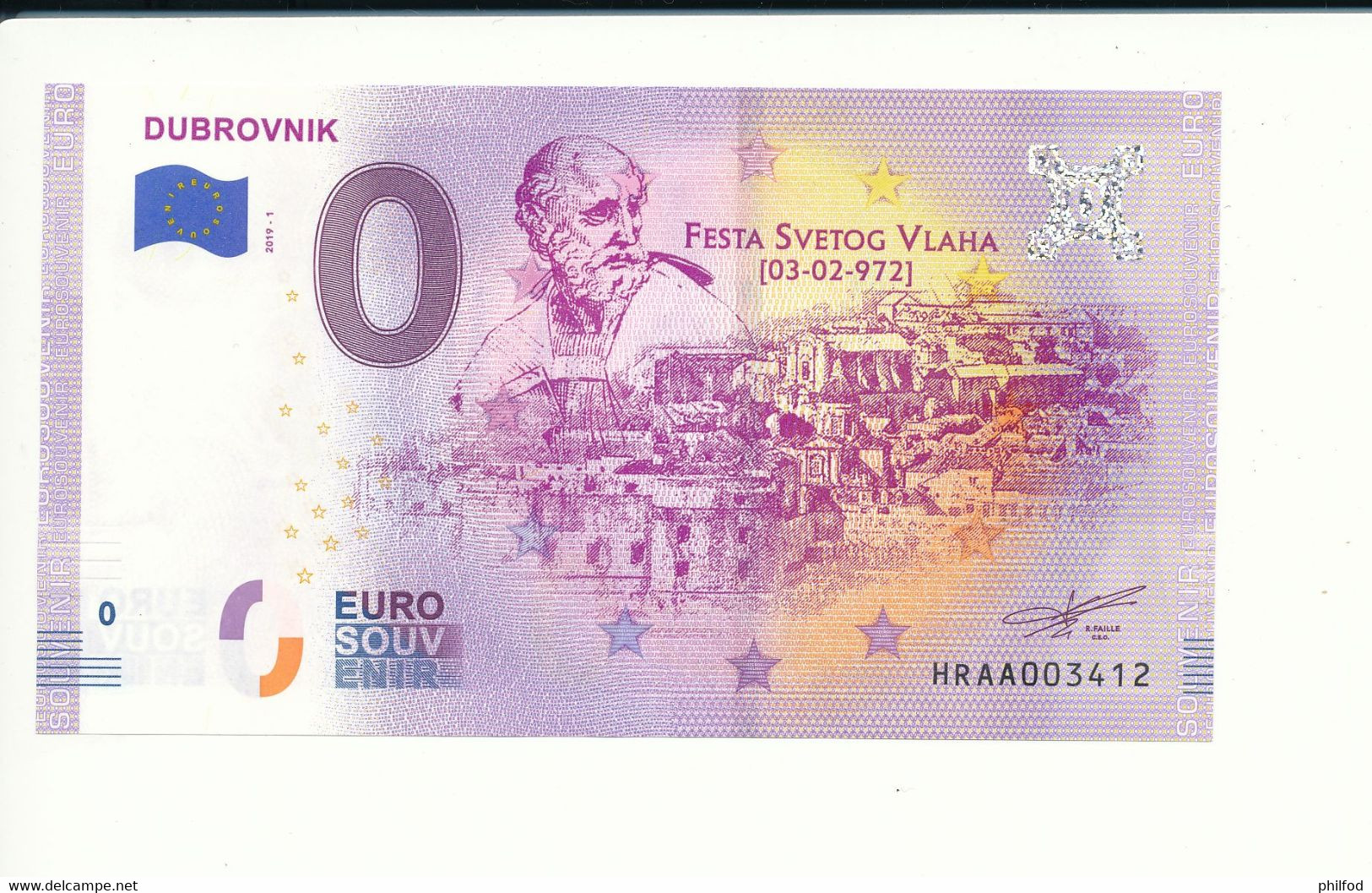 Billet Touristique 0 Euro - DUBROVNIK - HRAA - 2019-1 - N° 3412 - Autres & Non Classés