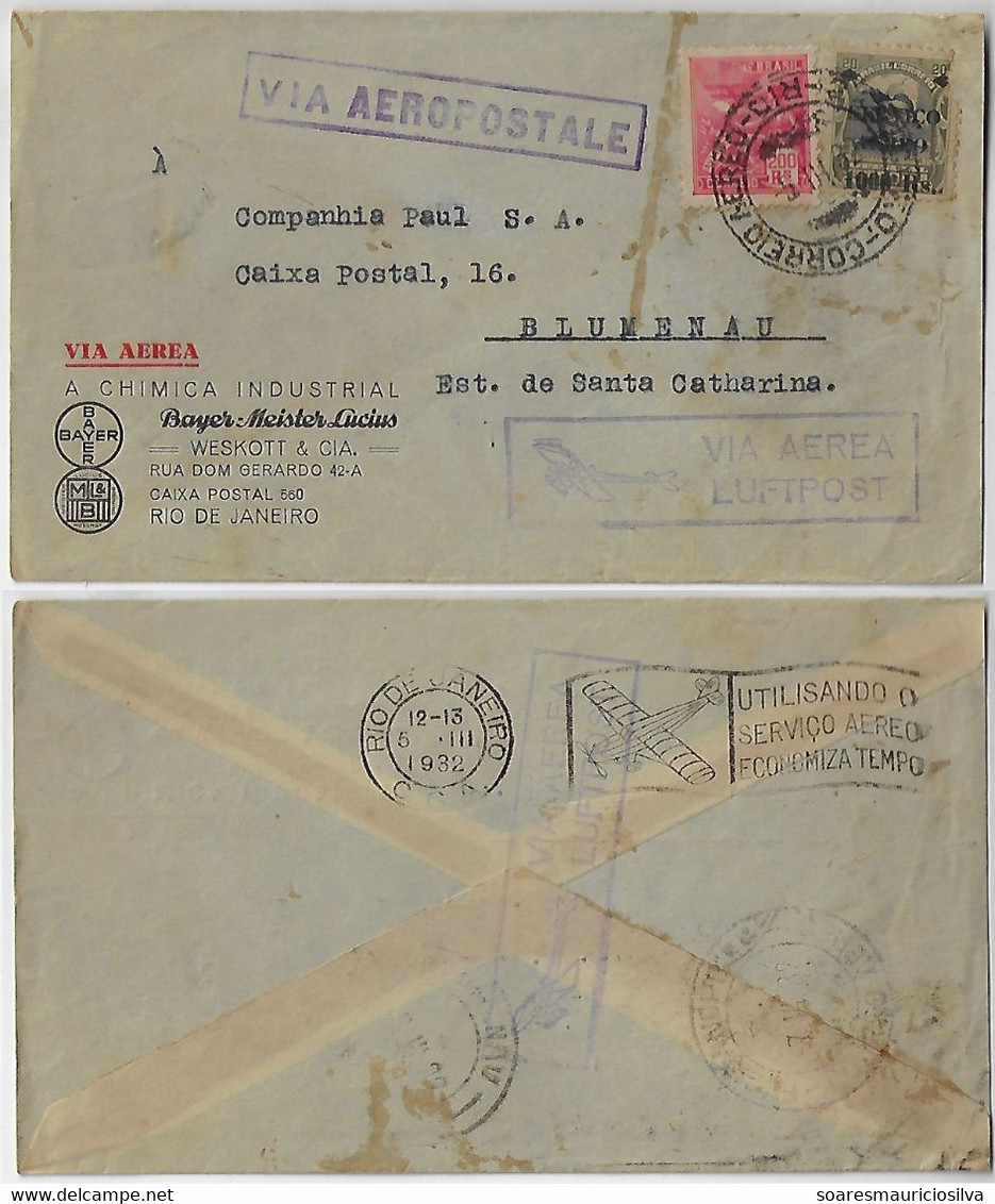 Brazil 1932 Commercial Cover From Rio De Janeiro To Blumenau Cancel Airplane & Via Aeropostale Definitive +airmail Stamp - Airmail (Private Companies)