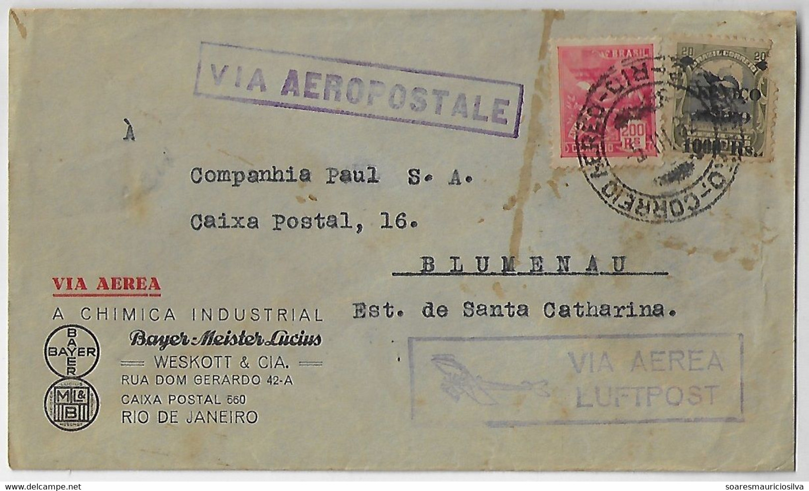 Brazil 1932 Commercial Cover From Rio De Janeiro To Blumenau Cancel Airplane & Via Aeropostale Definitive +airmail Stamp - Airmail (Private Companies)