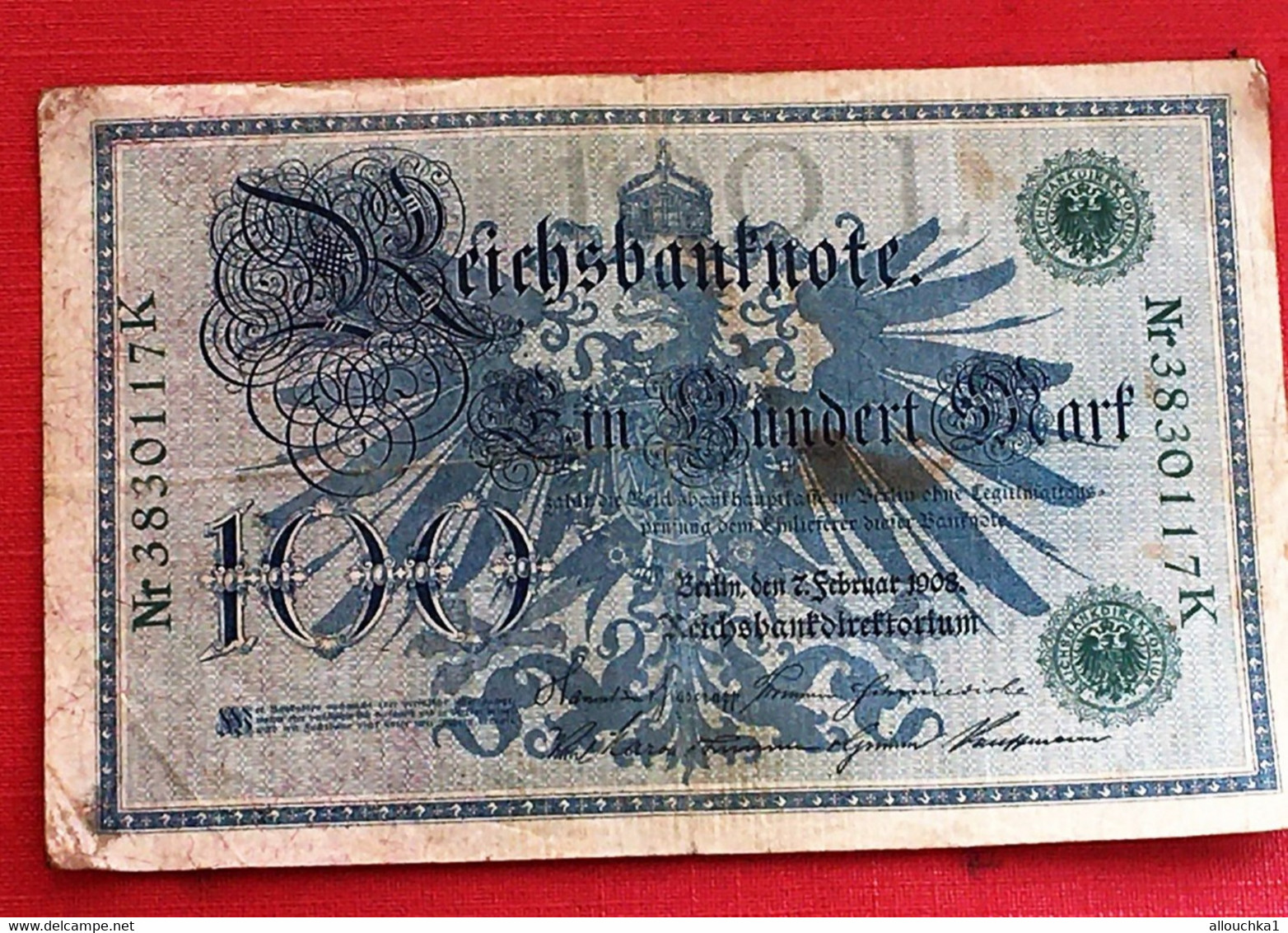 Reichsbanknote 100 Mark 7. Februar 1908 3 Stück Grüne Siegel Erhaltung Guter Zustand Rot -Billet Banque Allemagne-Bank - 100 Mark