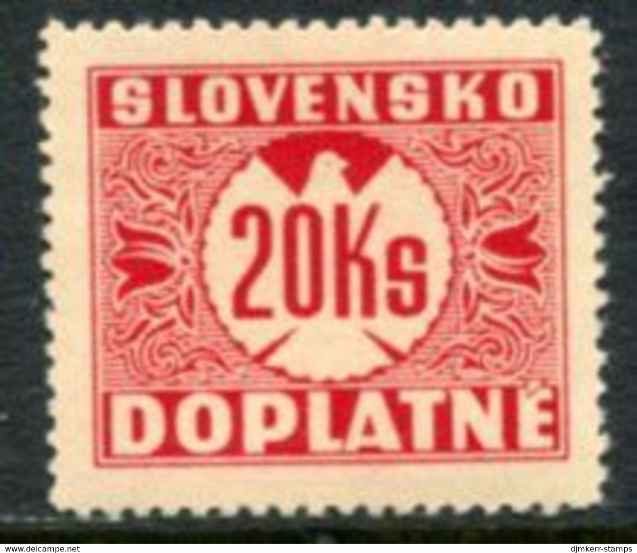 SLOVAKIA 1939 Postage Due  20 Kc Without Watermark MNH  / ** .  Michel Porto 12 - Ungebraucht