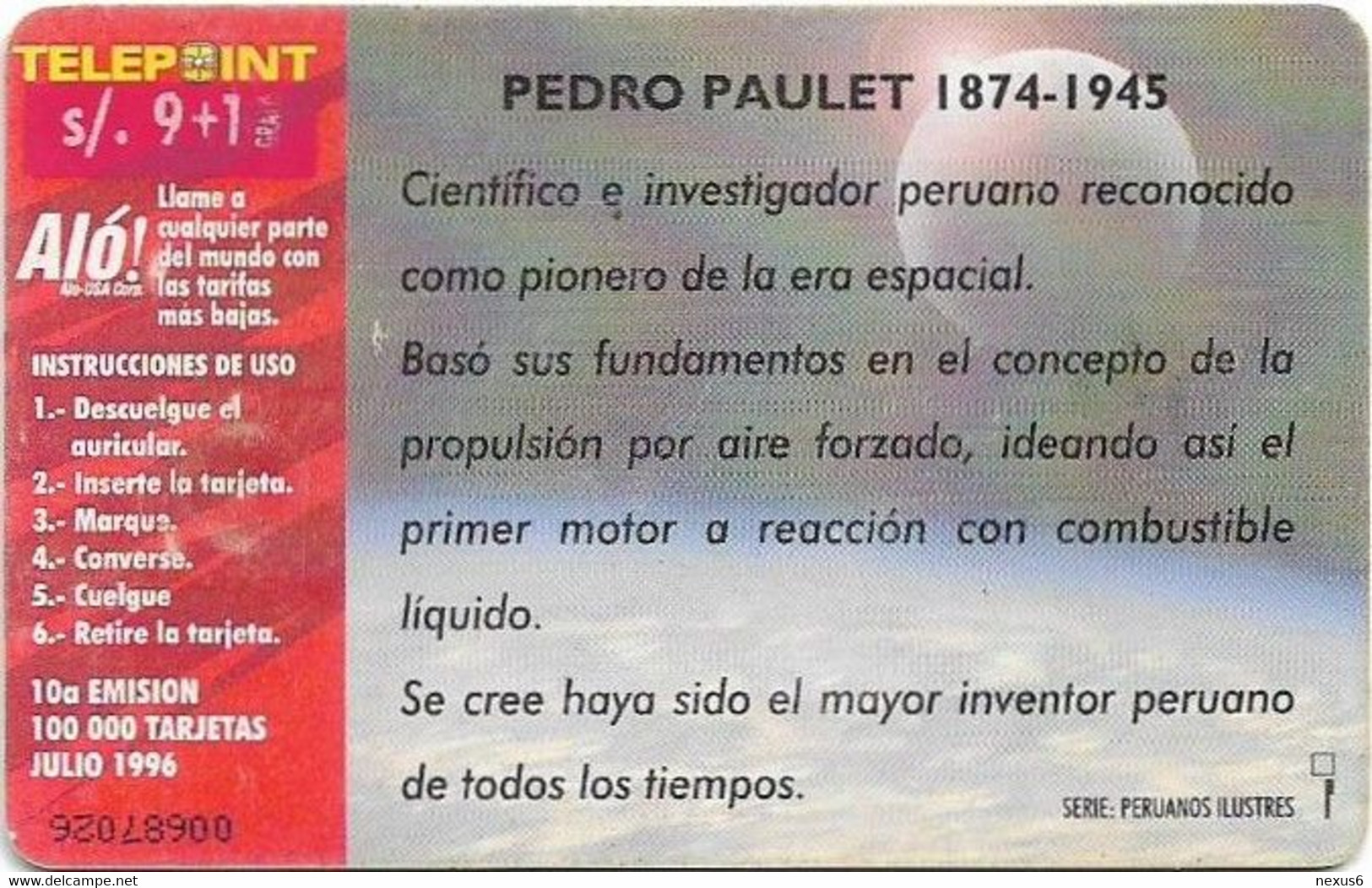 Peru - Telepoint - Pedro Paulet, Space Shuttle, 07.1996, 9+1Sol, 100.000ex, Used - Peru