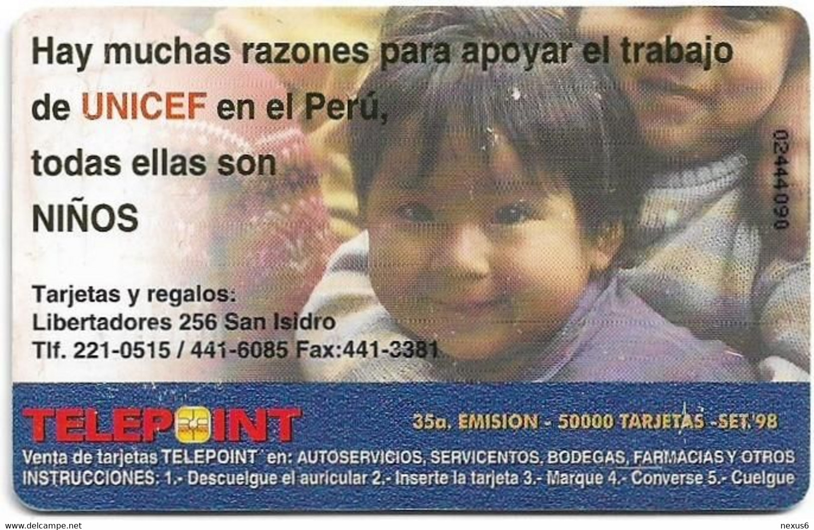Peru - Telepoint - Unicef 1. Girls Arm In Arm, 09.1998, 5Sol, 50.000ex, Used - Pérou