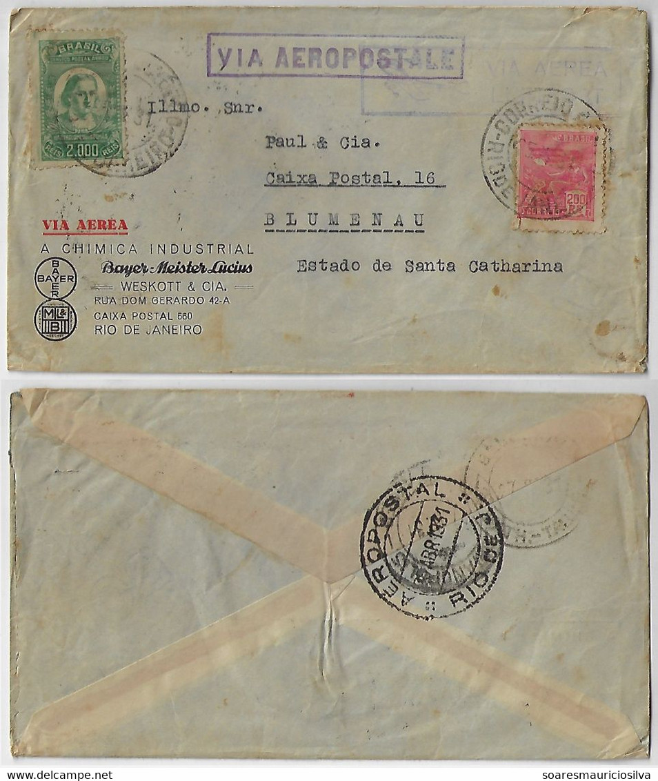 Brazil 1931 Cover From Rio De Janeiro To Blumenau Cancel Aeropostal & Via Aeropostale Definitive + Airmail Stamp - Airmail (Private Companies)