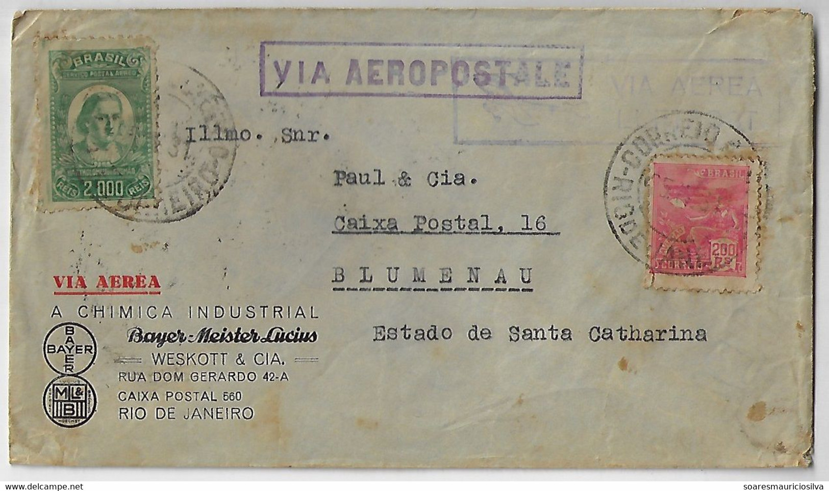 Brazil 1931 Cover From Rio De Janeiro To Blumenau Cancel Aeropostal & Via Aeropostale Definitive + Airmail Stamp - Airmail (Private Companies)