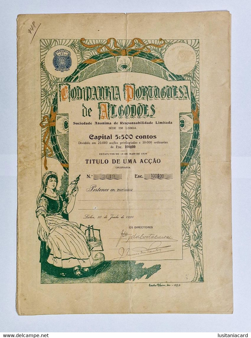 PORTUGAL- LISBOA - Companhia Portuguesa De Algodões -Titulo De Uma Acção 100$00-Nº 2619 - 30 De Junho De 1920 - Textiel