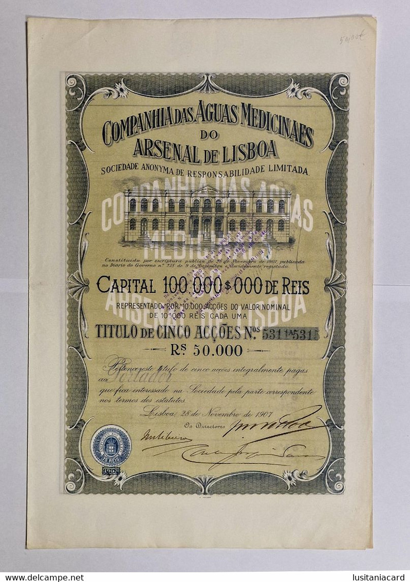 PORTUGAL-LISBOA-C.ªdas Aguas Medicinaes Do Arsenal De Lisboa-Titulo Cinco Acções Rs.10000-Ns.5311a 5315-28NOV1907 - Wasser