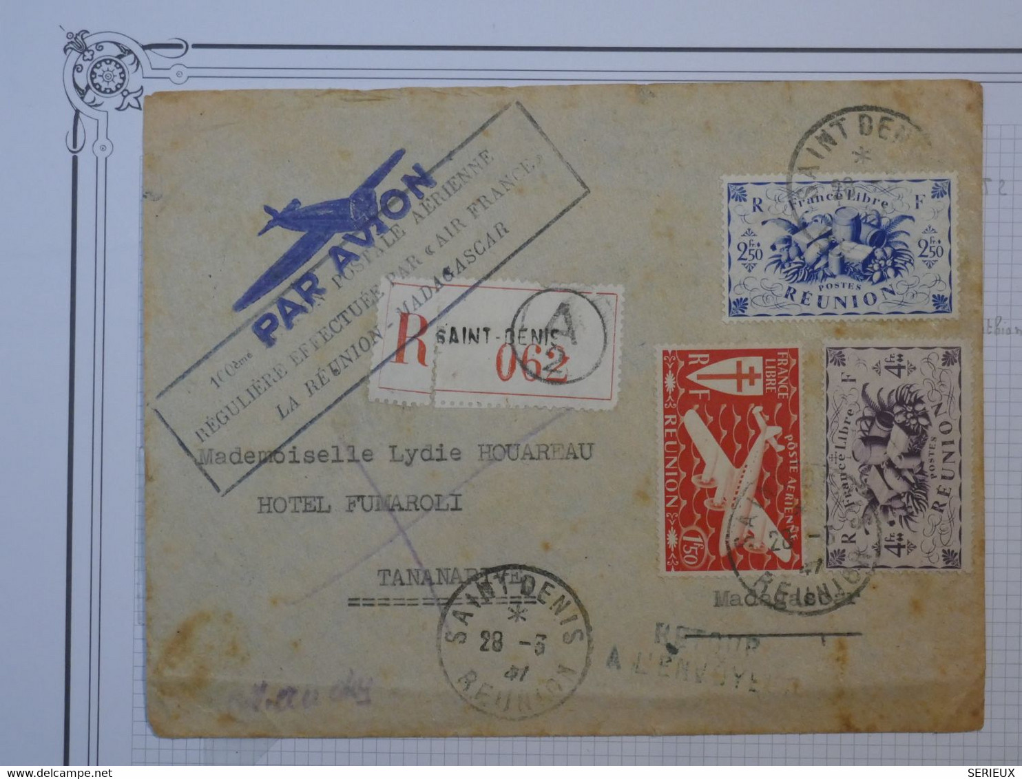 BO4  LA REUNION BELLE LETTRE RECOM.1947 PREMIER VOL AVION ST DENIS POUR TANANARIVE MADAGASCAR + AFFRANCHIS. INTERESSA - Posta Aerea