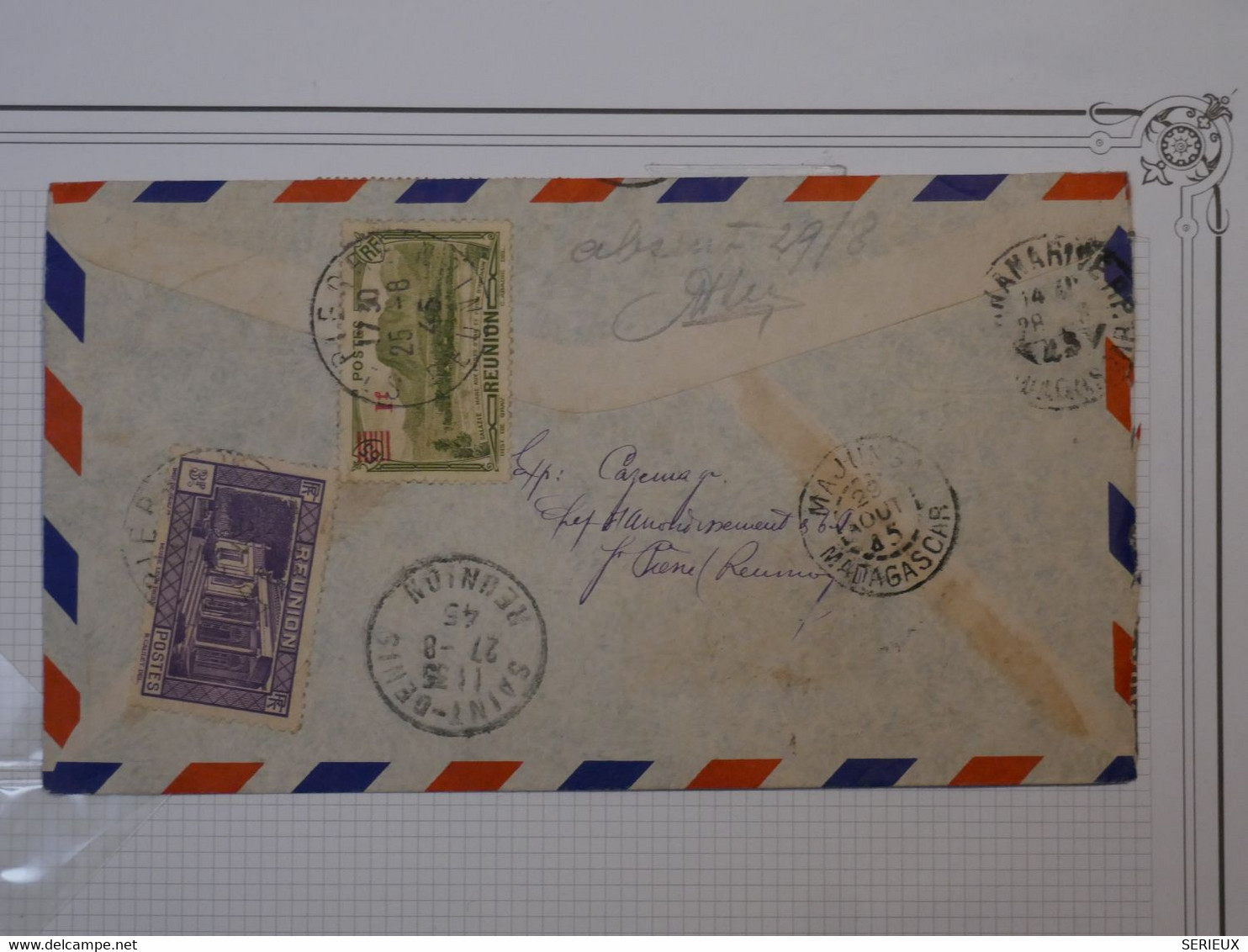 BO4 REUNION  BELLE LETTRE RECOM.  RR 1945 PAR AVION  SAINT PIERRE A MAJUNGO MADAGASCAR +FRANCE LIBRE++ AFFR. FOISONNANT - Airmail