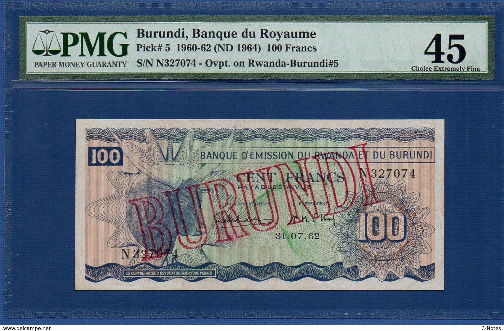 BURUNDI - P. 5 – 100 Francs 1964 XF - PMG 45, Serie N327074 - Burundi