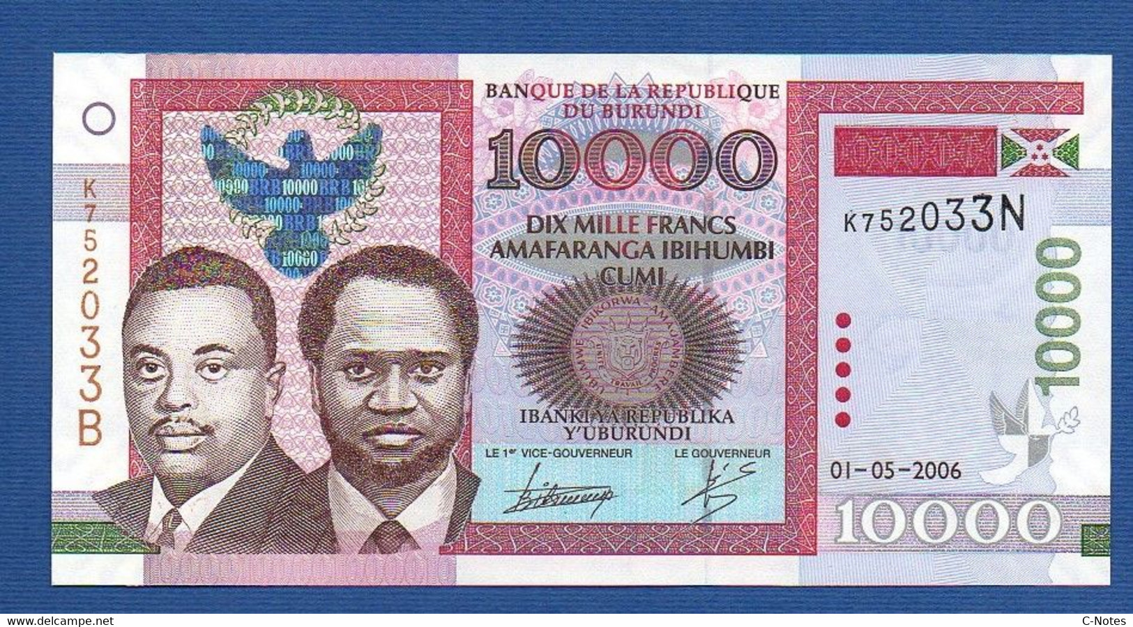 BURUNDI - P.43b – 10000 Francs 2006 UNC, Serie K752033N - Burundi