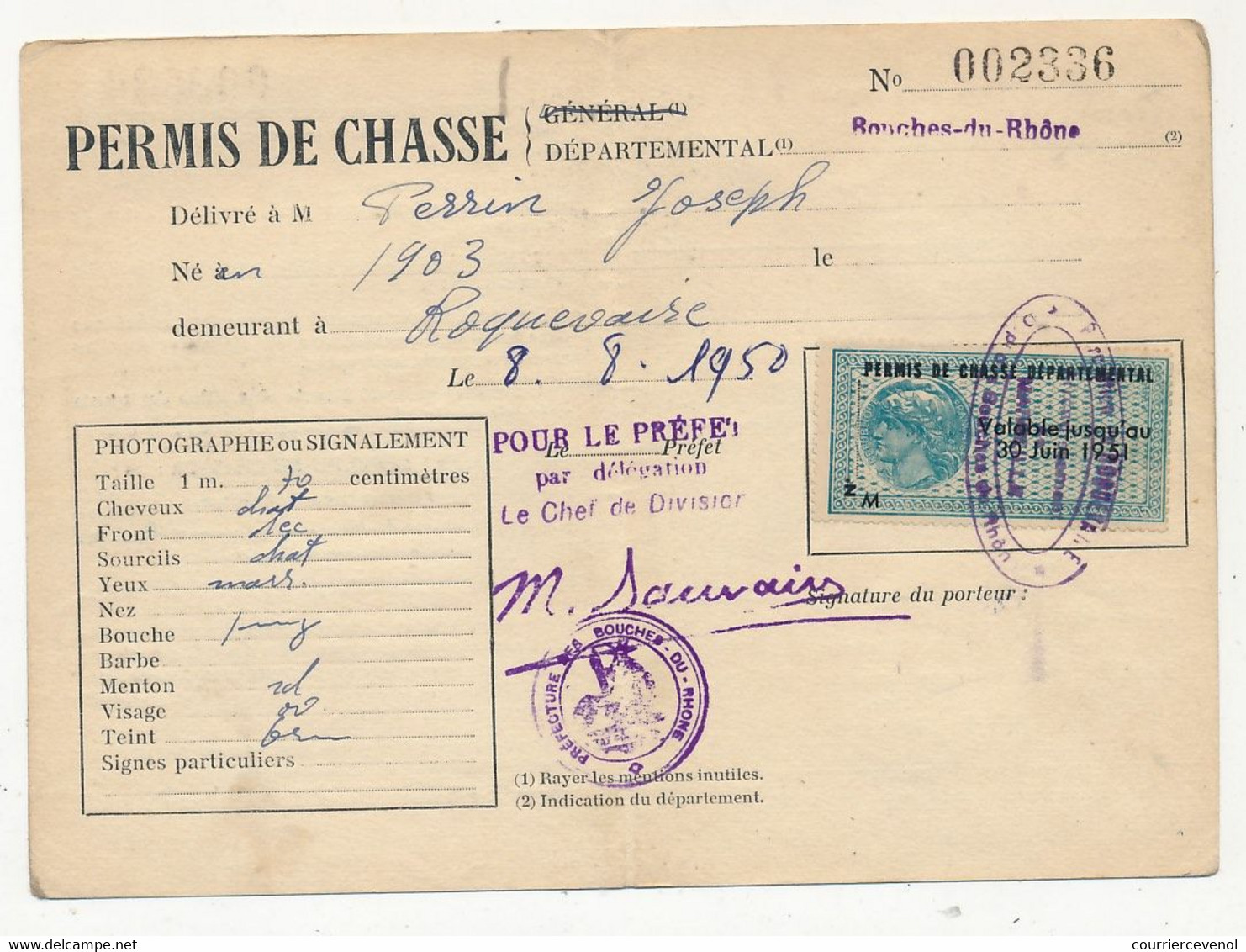 Permis De Chasse Départemental - Timbre Fiscal 1951 - Préfecture Des Bouches Du Rhône - Brieven En Documenten