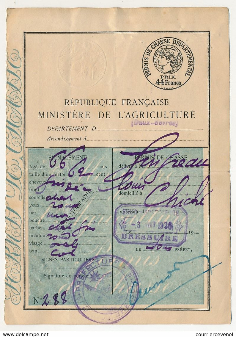 Permis De Chasse Départemental - Timbres Fiscaux 44F 1928, 1929, 1930, 1931 - Sous Préfecture De Bressuire Et Parthenay - Briefe U. Dokumente