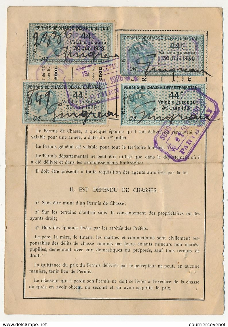 Permis De Chasse Départemental - Timbres Fiscaux 44F 1928, 1929, 1930, 1931 - Sous Préfecture De Bressuire Et Parthenay - Covers & Documents