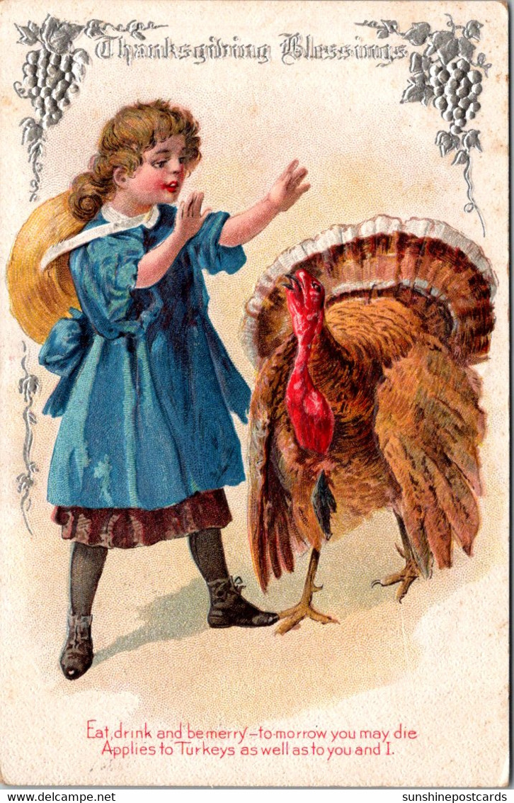 Thanksgiving With Young Girl And Turkey 1910 - Thanksgiving