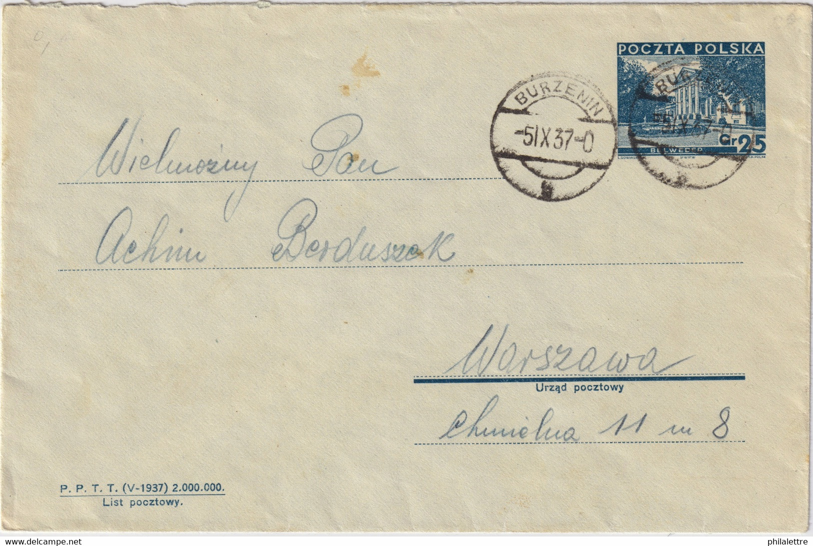 POLAND 1937 - Postal Envelope Mi.49 (3rd Issue V-1937) Used BURZENIN To WARSAW - Brieven En Documenten