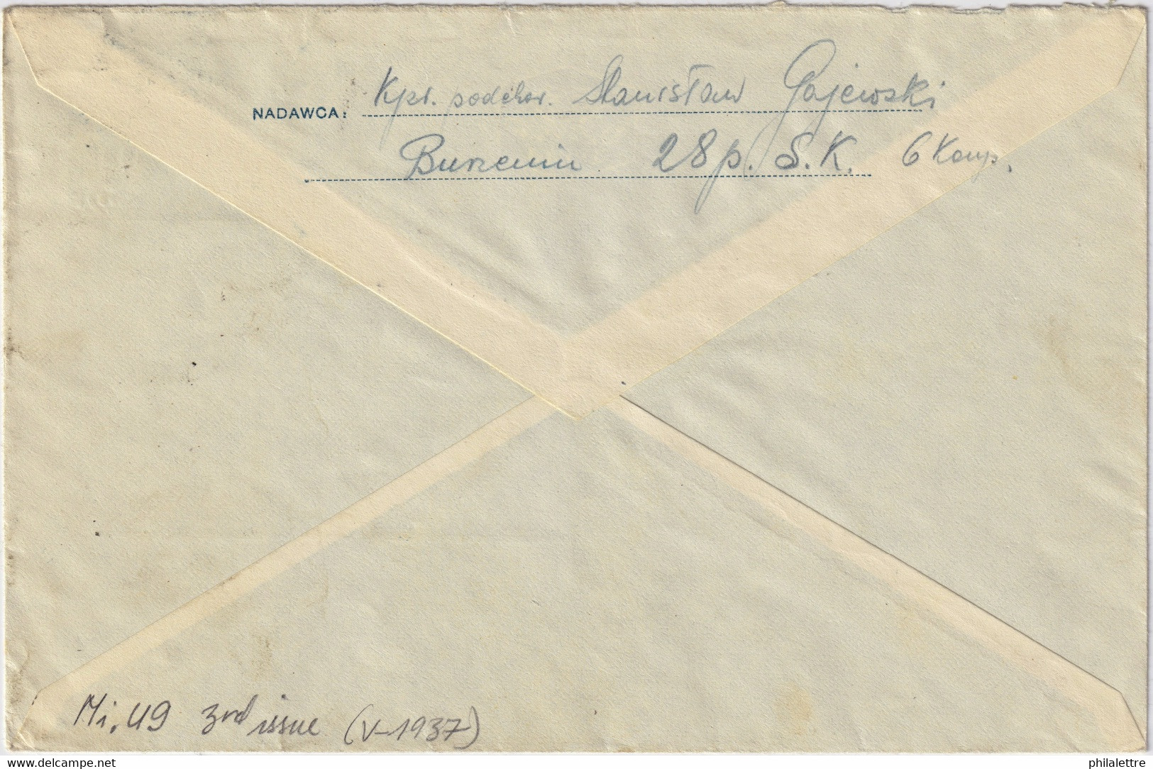 POLAND 1937 - Postal Envelope Mi.49 (3rd Issue V-1937) Used BURZENIN To WARSAW - Storia Postale