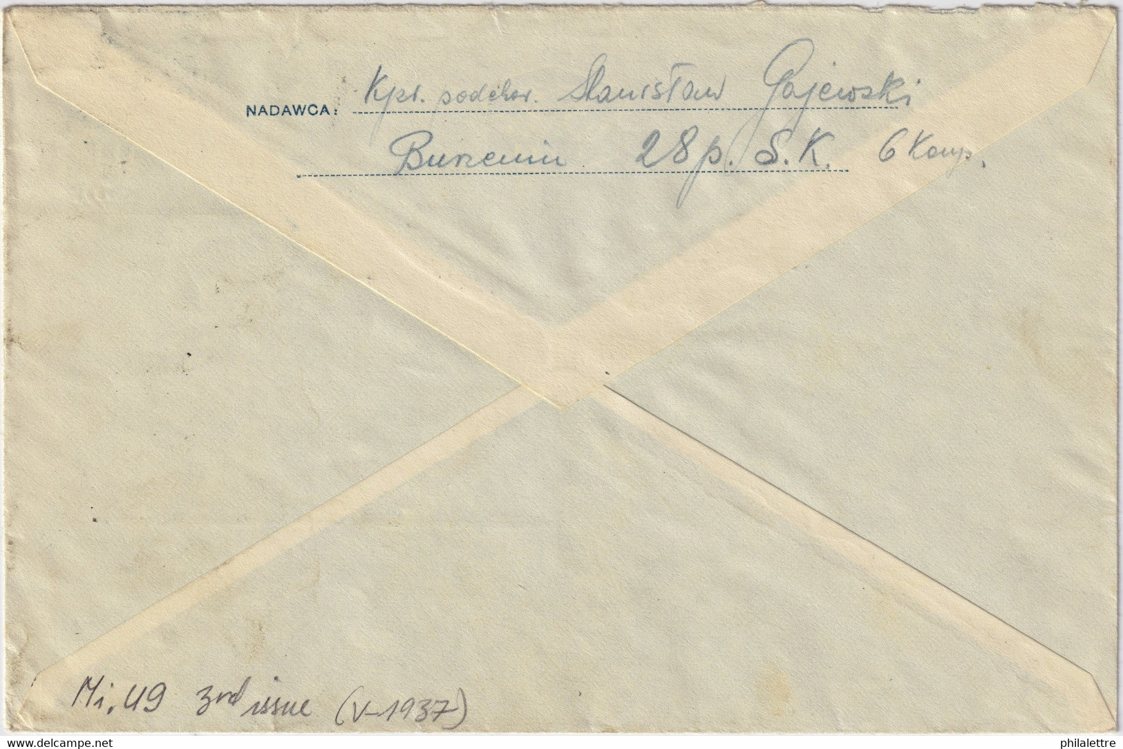 POLAND 1937 - Postal Envelope Mi.49 (3rd Issue V-1937) Used BURZENIN To WARSAW - Briefe U. Dokumente