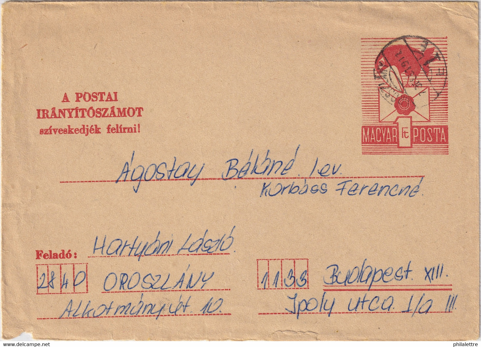 HUNGARY - 1972 1Ft Crow Type I Postal Envelope Mi.U38a - Used In OROSZLÁNY - Covers & Documents