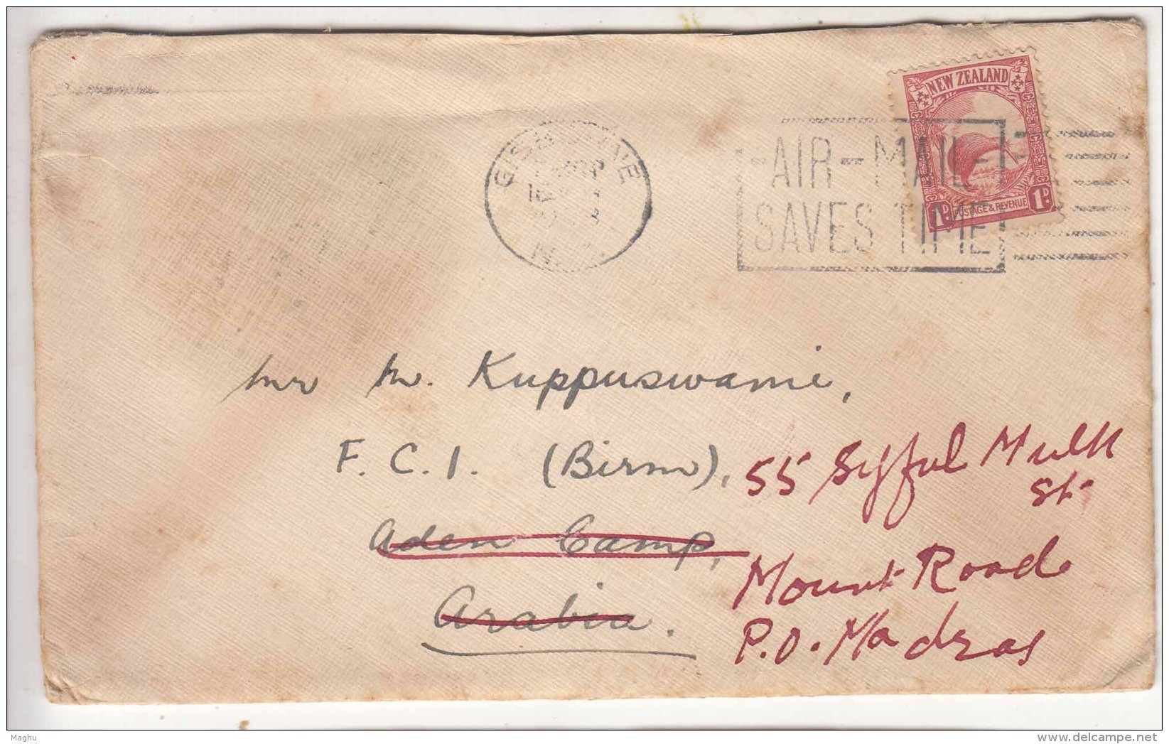 Slogan 'Air Mail Saves Time' Airmail From New Zealand To Aden, Redirect To India 1938 Cover, Kiwi Bird, - Storia Postale