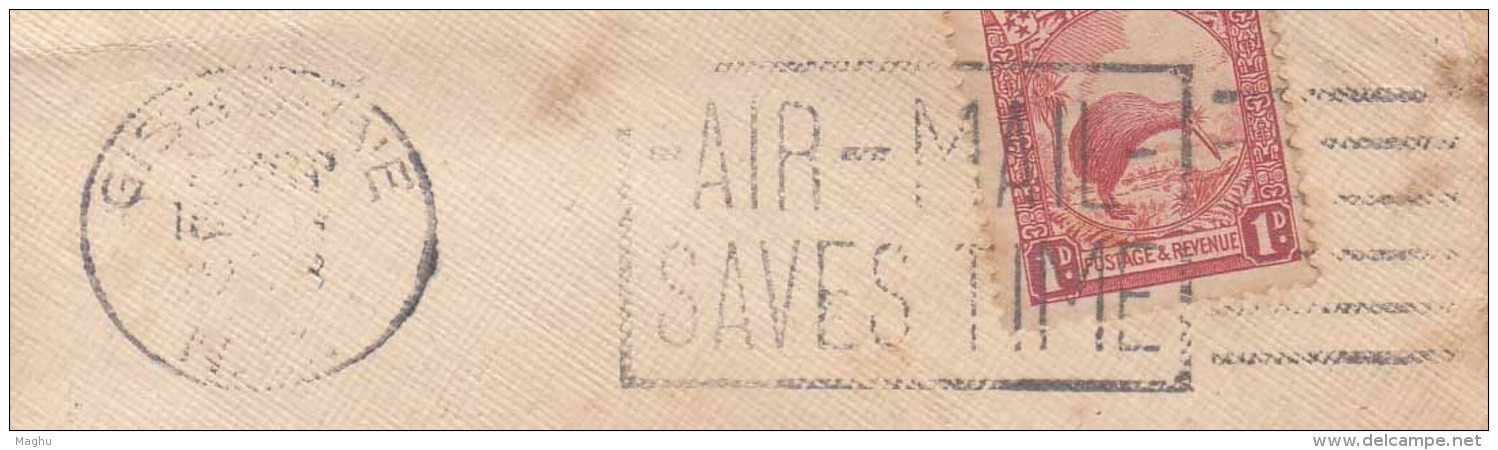 Slogan 'Air Mail Saves Time' Airmail From New Zealand To Aden, Redirect To India 1938 Cover, Kiwi Bird, - Brieven En Documenten