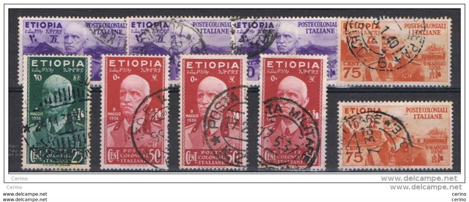 ETIOPIA:  1936  VITTORIO  EMAN. III°  -  9  VAL. RIPETUTI  US. -  SASS. 2//6 - Aethiopien