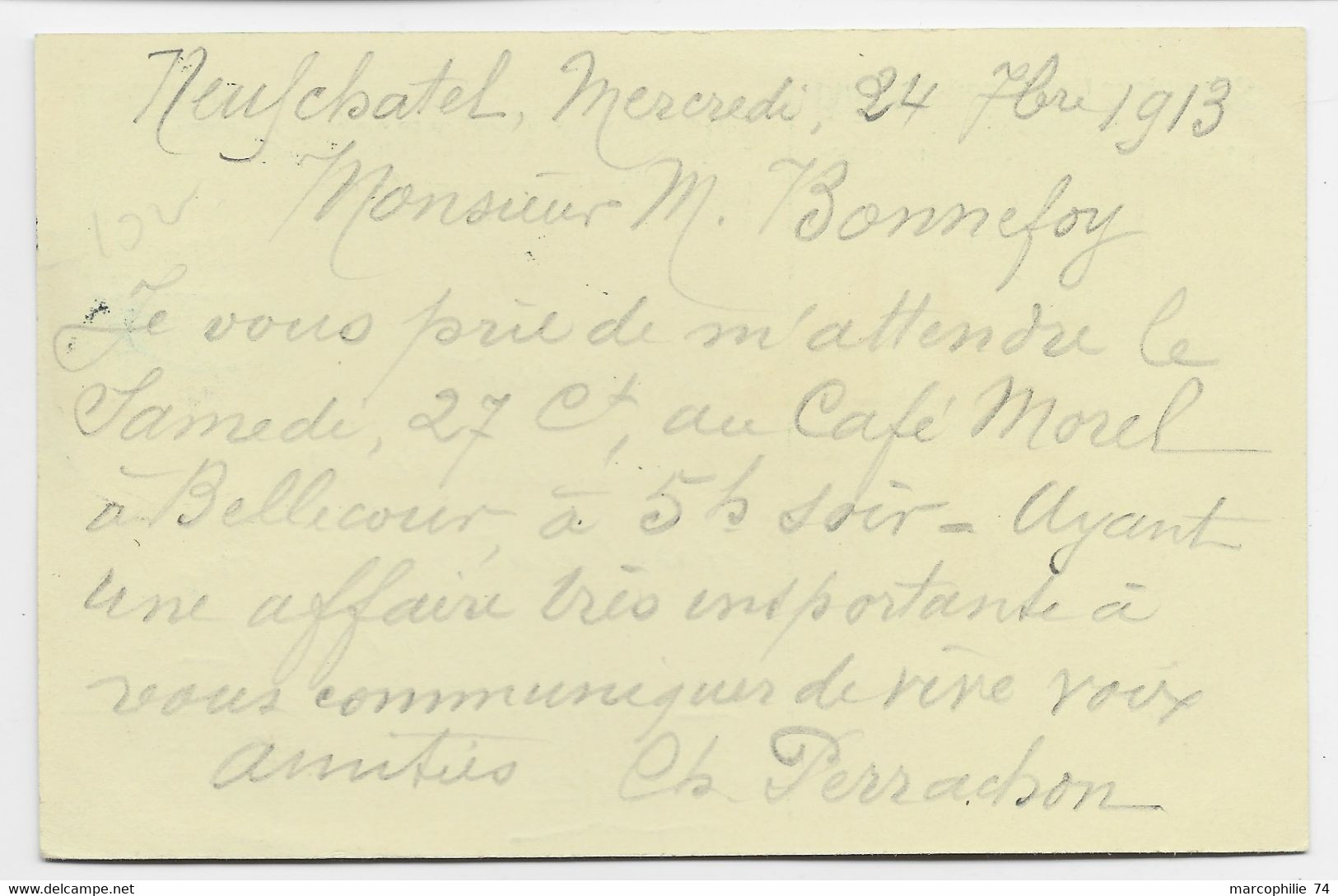 HELVETIA SUISSE ENTIER 5C CP +5C NEUCHATEL 24.IX 1913 POUR LYON FRANCE + VIGNETTE FRANCE CROIX ROUGE BLESSES MILITAIRES - Oblitérations