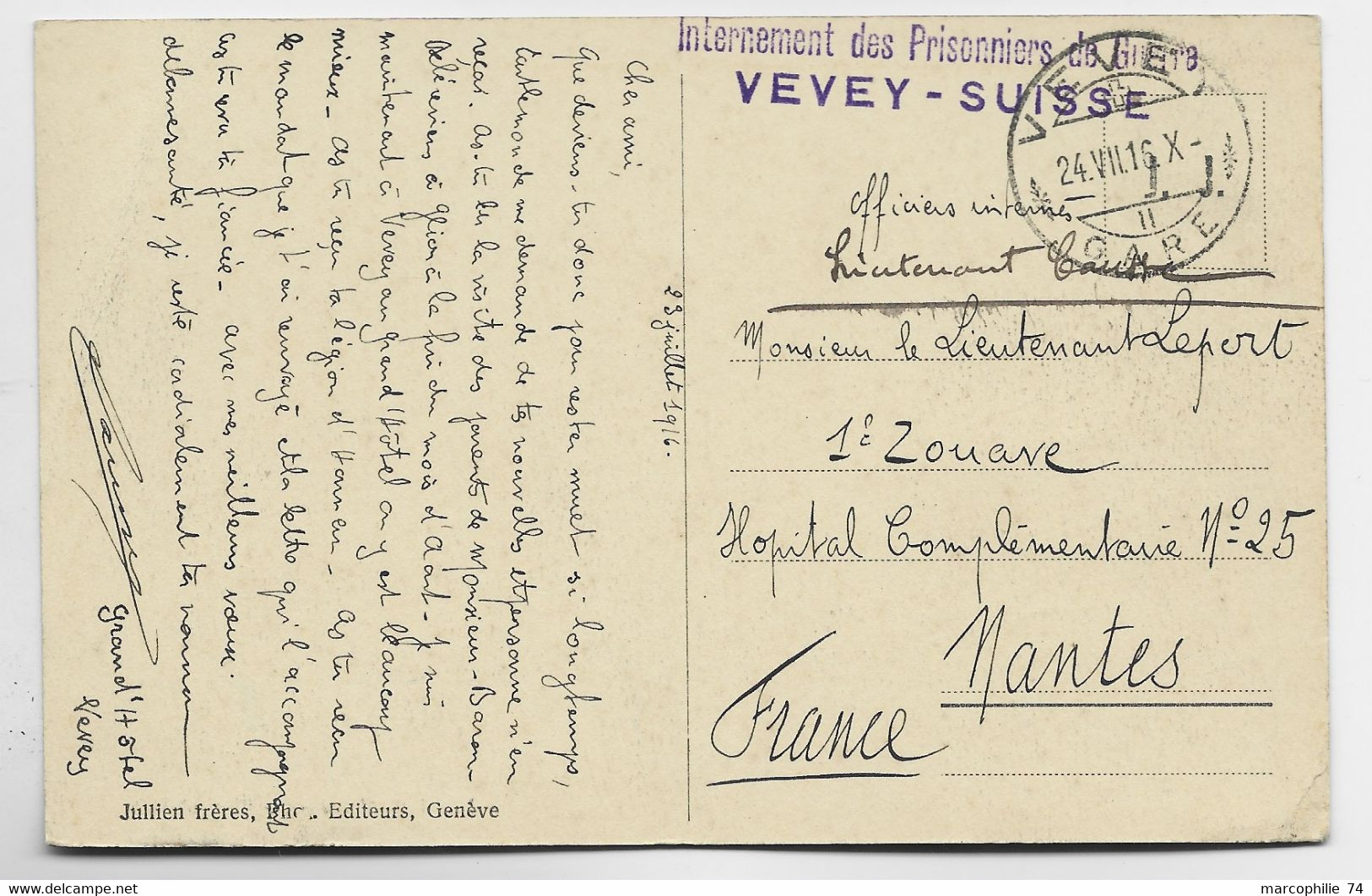 HELVETIA SUISSE GRIFFE INTERNEMENT DES PRISONNIERS DE GUERRE VEVY 1916 CARTE POUR HOPITAL A NANTES - Abstempelungen