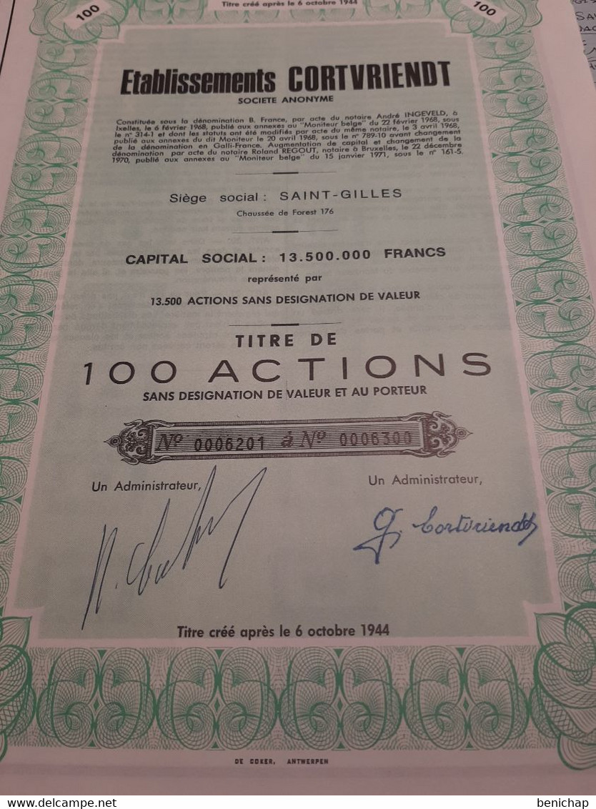 Etablissements Cortvriendt S.A. - Titre De 100 Actions Sans Désignation De Valeur - Saint-Gilles Janvier 1971. - Industrie