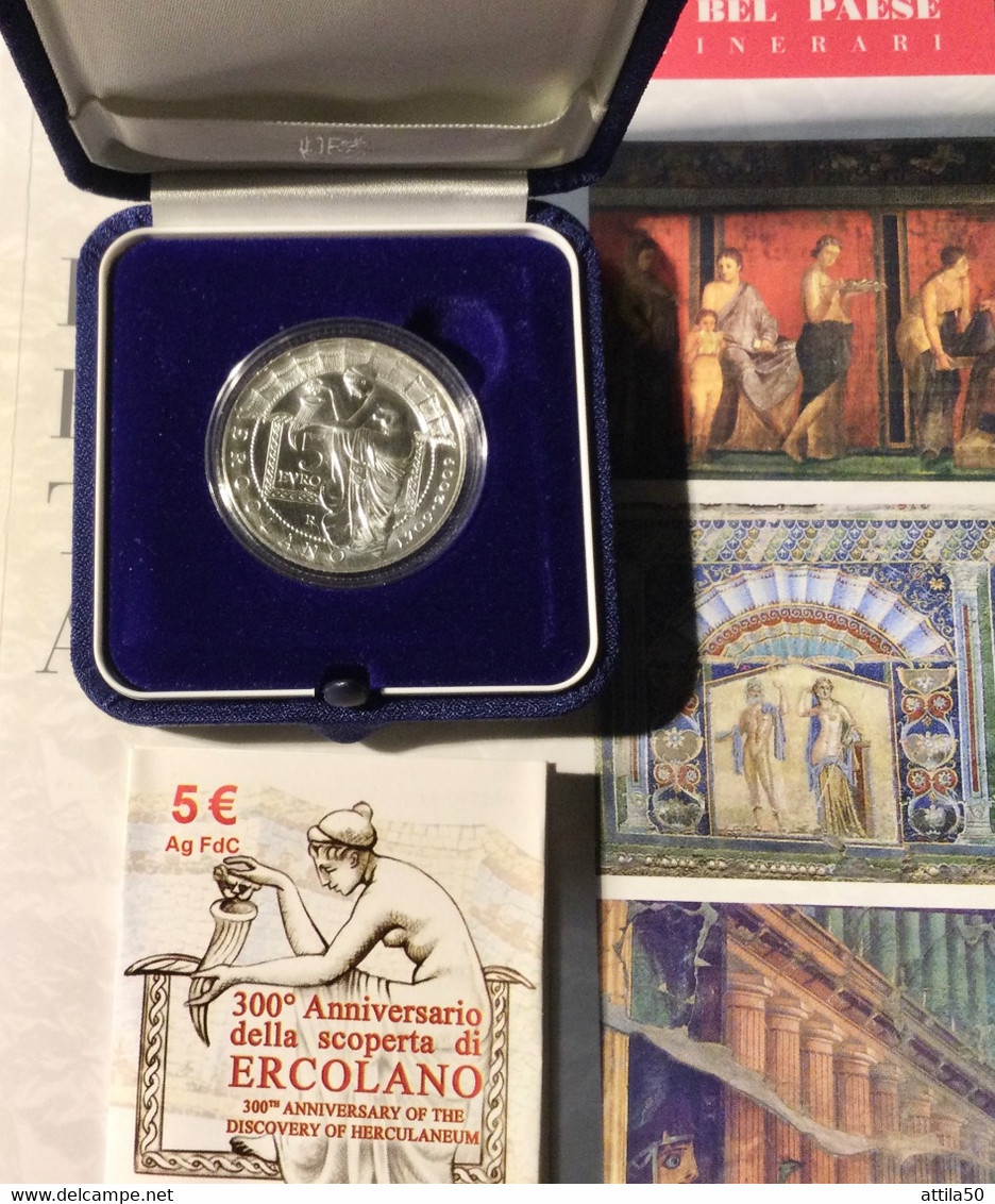 Scavi Di Ercolano- 300 Anni Dalla Scoperta- Volume+moneta €5 Argento Della Zecca Italiana. - Monétaires/De Nécessité